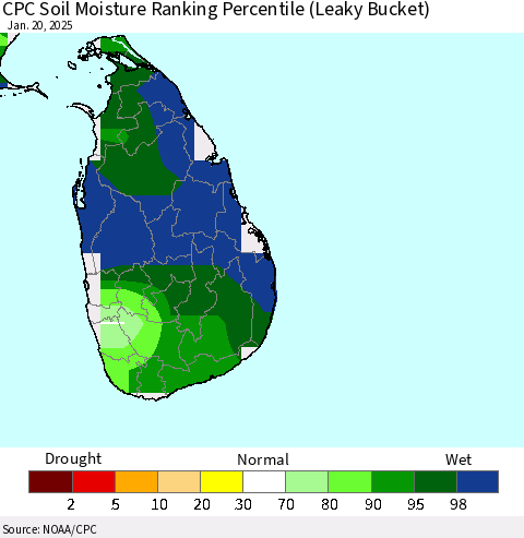 Sri Lanka CPC Soil Moisture Ranking Percentile (Leaky Bucket) Thematic Map For 1/16/2025 - 1/20/2025