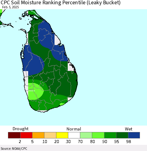 Sri Lanka CPC Soil Moisture Ranking Percentile (Leaky Bucket) Thematic Map For 2/1/2025 - 2/5/2025
