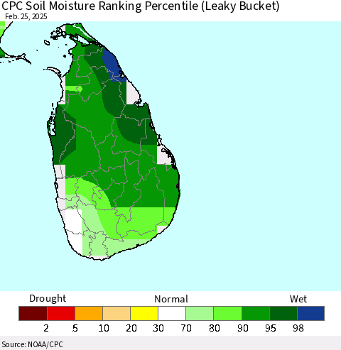 Sri Lanka CPC Soil Moisture Ranking Percentile (Leaky Bucket) Thematic Map For 2/21/2025 - 2/25/2025