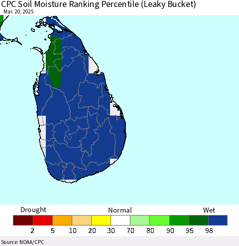 Sri Lanka CPC Soil Moisture Ranking Percentile (Leaky Bucket) Thematic Map For 3/16/2025 - 3/20/2025
