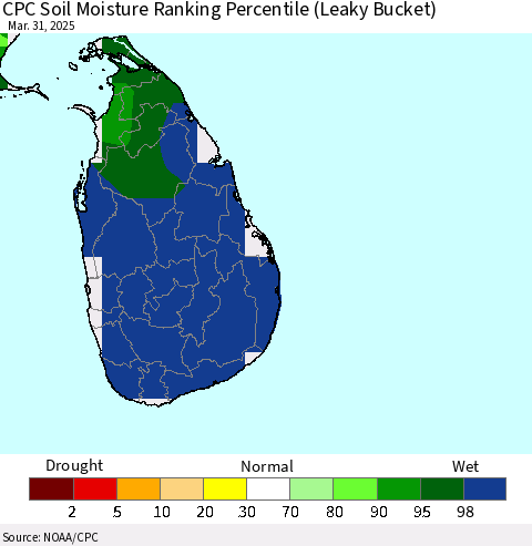 Sri Lanka CPC Soil Moisture Ranking Percentile (Leaky Bucket) Thematic Map For 3/26/2025 - 3/31/2025