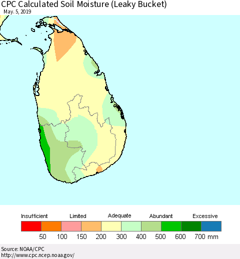 Sri Lanka CPC Calculated Soil Moisture (Leaky Bucket) Thematic Map For 5/1/2019 - 5/5/2019