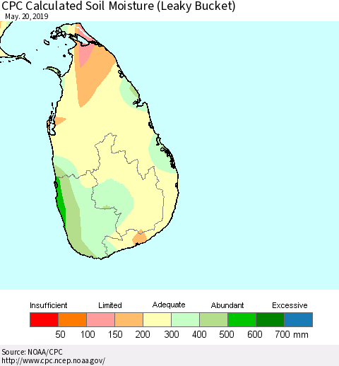 Sri Lanka CPC Calculated Soil Moisture (Leaky Bucket) Thematic Map For 5/16/2019 - 5/20/2019