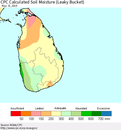 Sri Lanka CPC Calculated Soil Moisture (Leaky Bucket) Thematic Map For 5/26/2019 - 5/31/2019