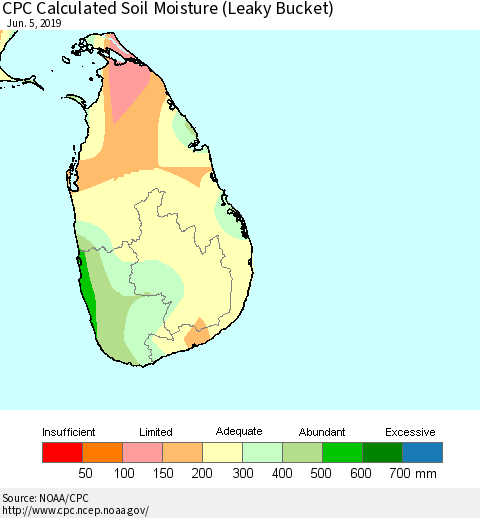Sri Lanka CPC Calculated Soil Moisture (Leaky Bucket) Thematic Map For 6/1/2019 - 6/5/2019
