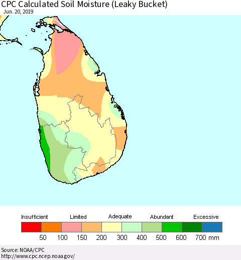 Sri Lanka CPC Calculated Soil Moisture (Leaky Bucket) Thematic Map For 6/16/2019 - 6/20/2019