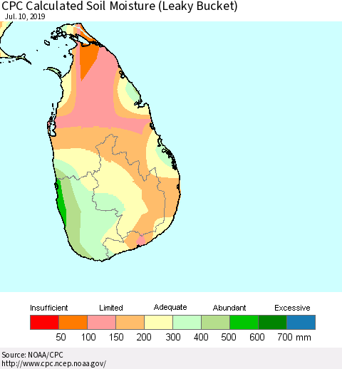 Sri Lanka CPC Calculated Soil Moisture (Leaky Bucket) Thematic Map For 7/6/2019 - 7/10/2019