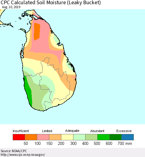 Sri Lanka CPC Calculated Soil Moisture (Leaky Bucket) Thematic Map For 8/6/2019 - 8/10/2019