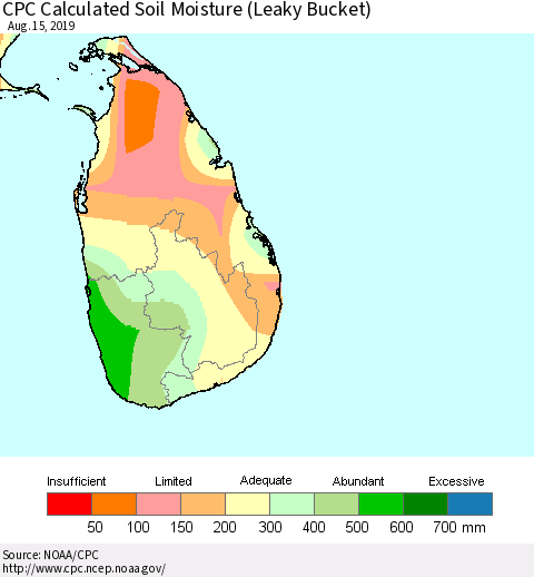 Sri Lanka CPC Calculated Soil Moisture (Leaky Bucket) Thematic Map For 8/11/2019 - 8/15/2019