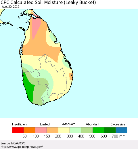 Sri Lanka CPC Calculated Soil Moisture (Leaky Bucket) Thematic Map For 8/16/2019 - 8/20/2019