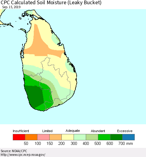 Sri Lanka CPC Calculated Soil Moisture (Leaky Bucket) Thematic Map For 9/11/2019 - 9/15/2019