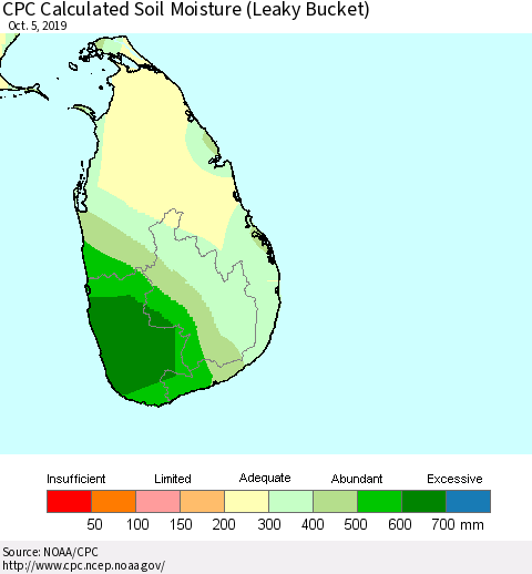 Sri Lanka CPC Soil Moisture (Leaky Bucket) Thematic Map For 10/1/2019 - 10/5/2019
