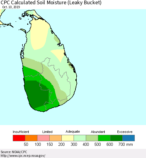 Sri Lanka CPC Calculated Soil Moisture (Leaky Bucket) Thematic Map For 10/6/2019 - 10/10/2019