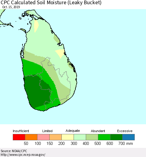 Sri Lanka CPC Calculated Soil Moisture (Leaky Bucket) Thematic Map For 10/11/2019 - 10/15/2019