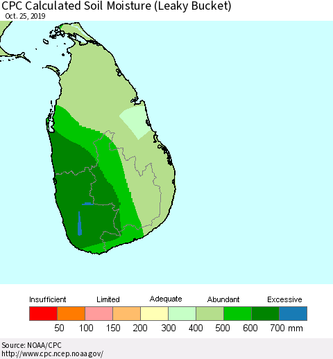 Sri Lanka CPC Calculated Soil Moisture (Leaky Bucket) Thematic Map For 10/21/2019 - 10/25/2019
