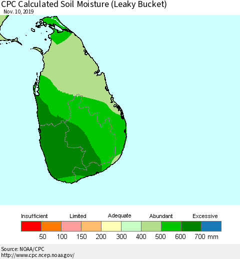 Sri Lanka CPC Soil Moisture (Leaky Bucket) Thematic Map For 11/6/2019 - 11/10/2019