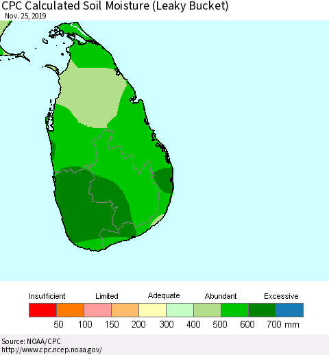 Sri Lanka CPC Calculated Soil Moisture (Leaky Bucket) Thematic Map For 11/21/2019 - 11/25/2019