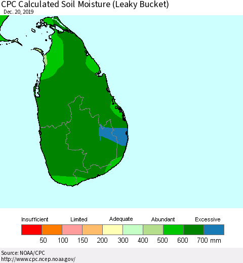Sri Lanka CPC Calculated Soil Moisture (Leaky Bucket) Thematic Map For 12/16/2019 - 12/20/2019