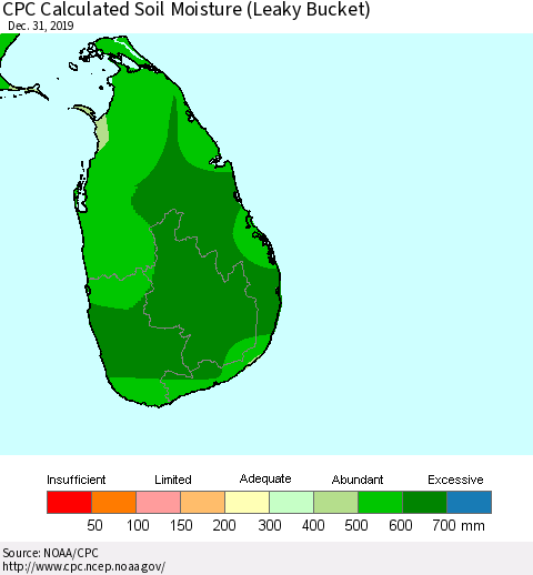 Sri Lanka CPC Calculated Soil Moisture (Leaky Bucket) Thematic Map For 12/26/2019 - 12/31/2019