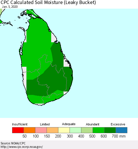 Sri Lanka CPC Calculated Soil Moisture (Leaky Bucket) Thematic Map For 1/1/2020 - 1/5/2020
