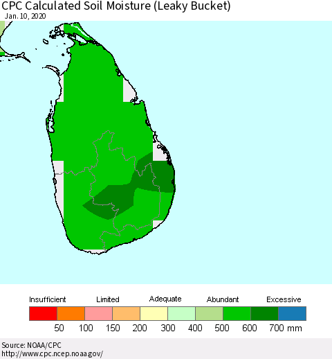 Sri Lanka CPC Calculated Soil Moisture (Leaky Bucket) Thematic Map For 1/6/2020 - 1/10/2020