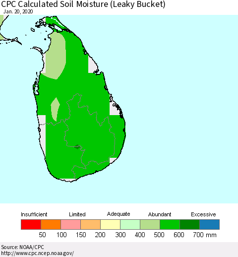 Sri Lanka CPC Calculated Soil Moisture (Leaky Bucket) Thematic Map For 1/16/2020 - 1/20/2020