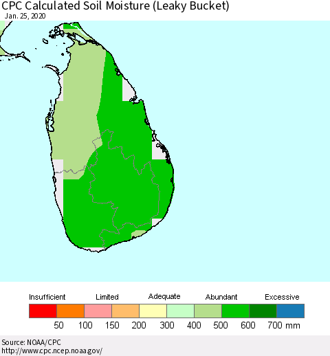 Sri Lanka CPC Calculated Soil Moisture (Leaky Bucket) Thematic Map For 1/21/2020 - 1/25/2020