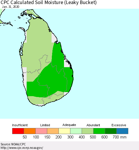 Sri Lanka CPC Calculated Soil Moisture (Leaky Bucket) Thematic Map For 1/26/2020 - 1/31/2020
