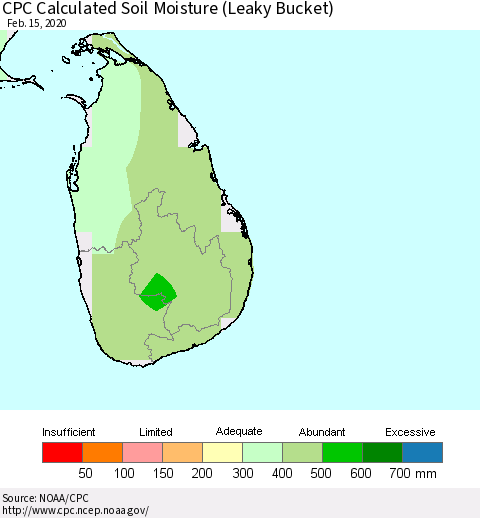 Sri Lanka CPC Calculated Soil Moisture (Leaky Bucket) Thematic Map For 2/11/2020 - 2/15/2020