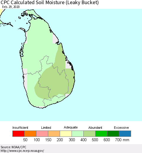 Sri Lanka CPC Soil Moisture (Leaky Bucket) Thematic Map For 2/26/2020 - 2/29/2020