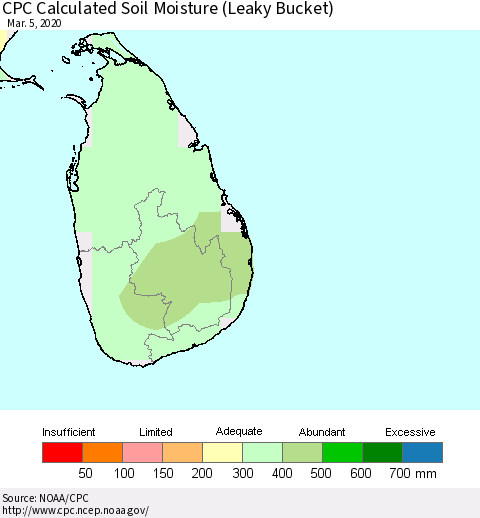 Sri Lanka CPC Calculated Soil Moisture (Leaky Bucket) Thematic Map For 3/1/2020 - 3/5/2020
