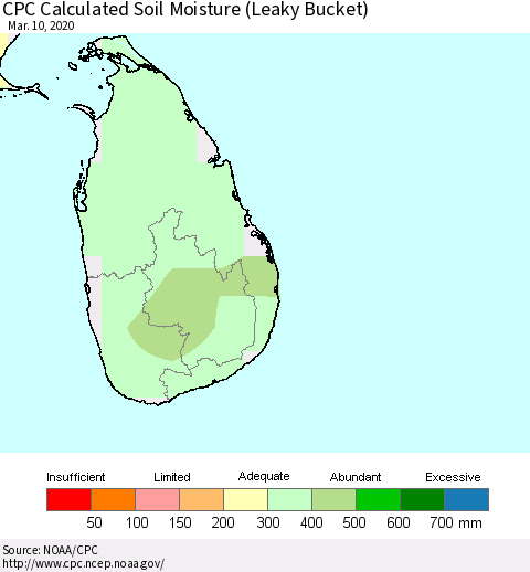 Sri Lanka CPC Calculated Soil Moisture (Leaky Bucket) Thematic Map For 3/6/2020 - 3/10/2020