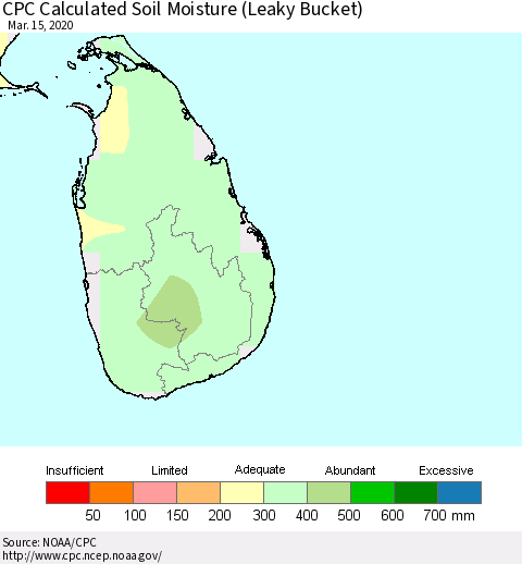 Sri Lanka CPC Calculated Soil Moisture (Leaky Bucket) Thematic Map For 3/11/2020 - 3/15/2020