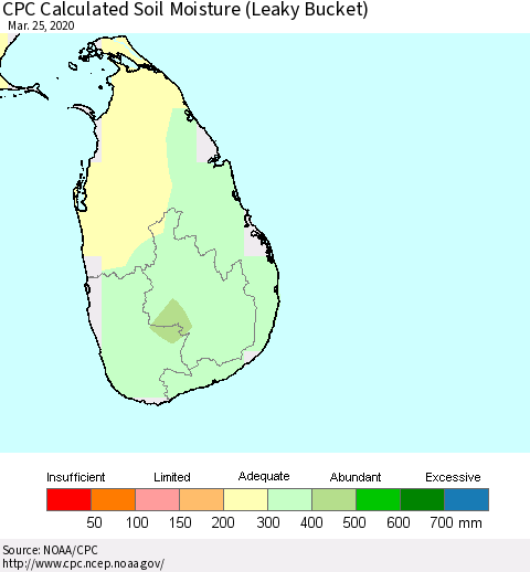 Sri Lanka CPC Calculated Soil Moisture (Leaky Bucket) Thematic Map For 3/21/2020 - 3/25/2020