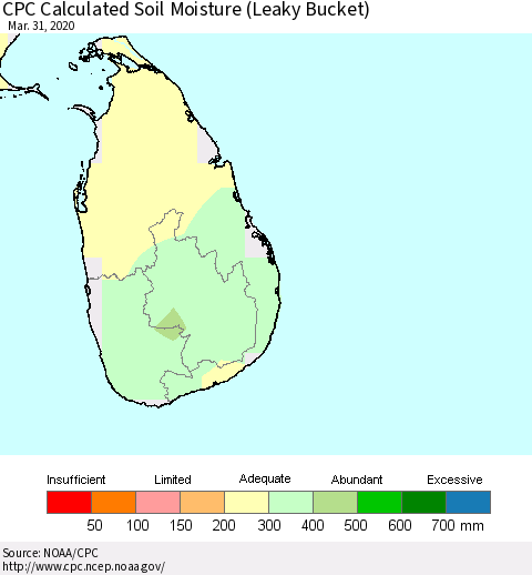Sri Lanka CPC Calculated Soil Moisture (Leaky Bucket) Thematic Map For 3/26/2020 - 3/31/2020