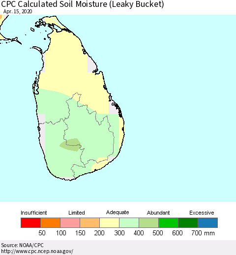 Sri Lanka CPC Calculated Soil Moisture (Leaky Bucket) Thematic Map For 4/11/2020 - 4/15/2020