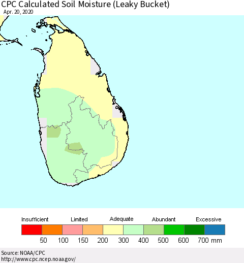 Sri Lanka CPC Calculated Soil Moisture (Leaky Bucket) Thematic Map For 4/16/2020 - 4/20/2020