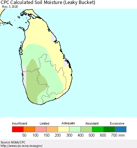 Sri Lanka CPC Calculated Soil Moisture (Leaky Bucket) Thematic Map For 5/1/2020 - 5/5/2020