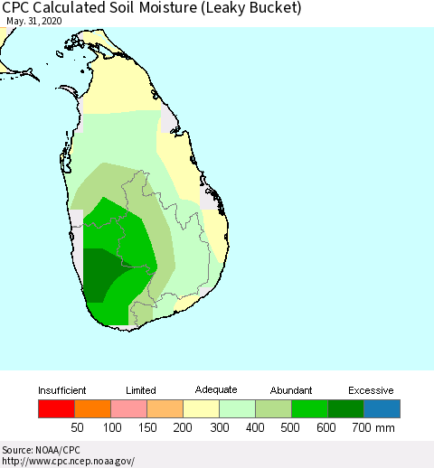 Sri Lanka CPC Calculated Soil Moisture (Leaky Bucket) Thematic Map For 5/26/2020 - 5/31/2020