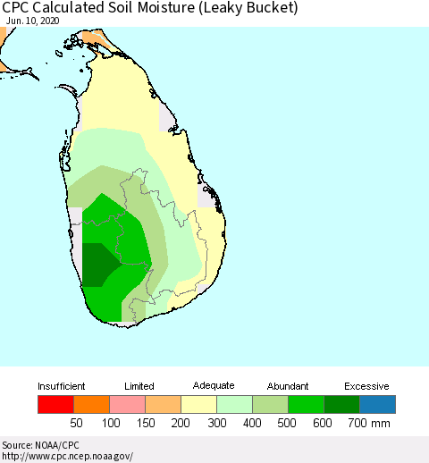 Sri Lanka CPC Calculated Soil Moisture (Leaky Bucket) Thematic Map For 6/6/2020 - 6/10/2020