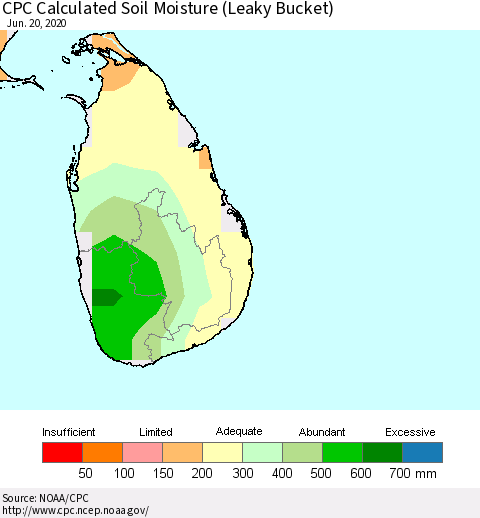 Sri Lanka CPC Calculated Soil Moisture (Leaky Bucket) Thematic Map For 6/16/2020 - 6/20/2020