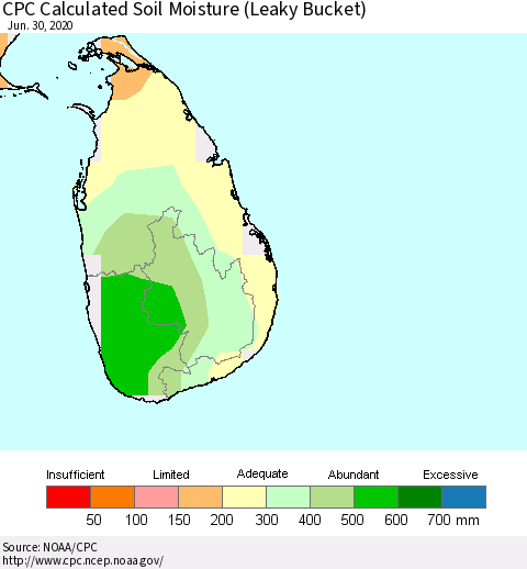 Sri Lanka CPC Soil Moisture (Leaky Bucket) Thematic Map For 6/26/2020 - 6/30/2020