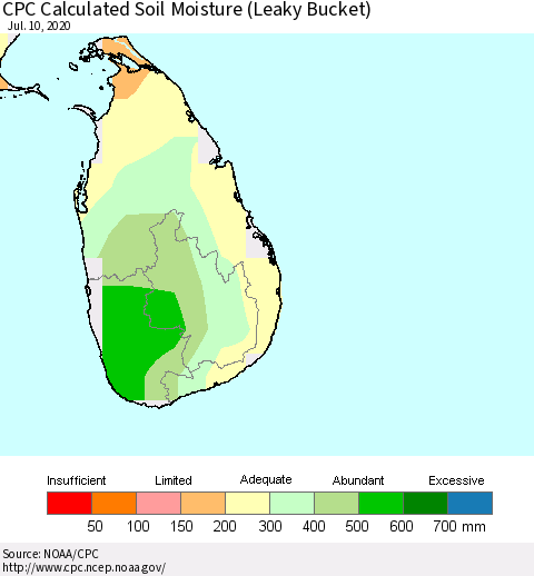 Sri Lanka CPC Soil Moisture (Leaky Bucket) Thematic Map For 7/6/2020 - 7/10/2020