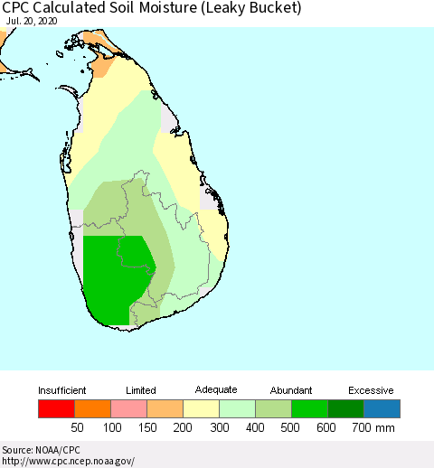 Sri Lanka CPC Calculated Soil Moisture (Leaky Bucket) Thematic Map For 7/16/2020 - 7/20/2020