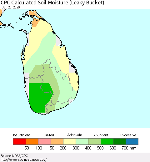 Sri Lanka CPC Calculated Soil Moisture (Leaky Bucket) Thematic Map For 7/21/2020 - 7/25/2020