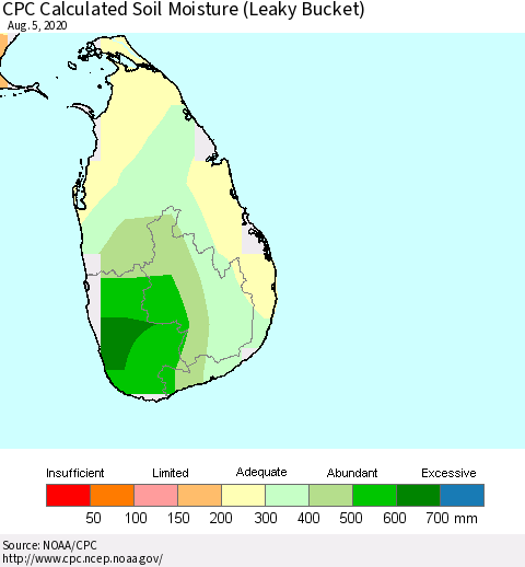 Sri Lanka CPC Calculated Soil Moisture (Leaky Bucket) Thematic Map For 8/1/2020 - 8/5/2020