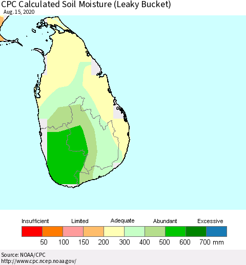 Sri Lanka CPC Calculated Soil Moisture (Leaky Bucket) Thematic Map For 8/11/2020 - 8/15/2020