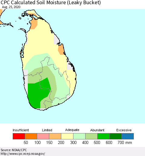 Sri Lanka CPC Soil Moisture (Leaky Bucket) Thematic Map For 8/21/2020 - 8/25/2020