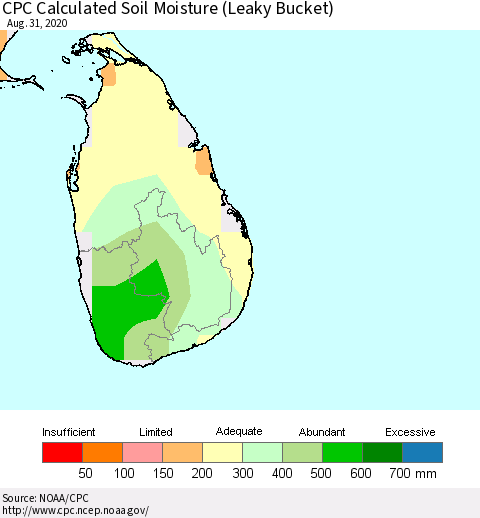 Sri Lanka CPC Calculated Soil Moisture (Leaky Bucket) Thematic Map For 8/26/2020 - 8/31/2020