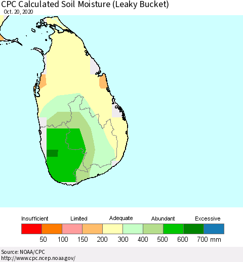 Sri Lanka CPC Soil Moisture (Leaky Bucket) Thematic Map For 10/16/2020 - 10/20/2020